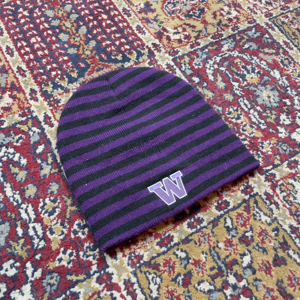 VTG 00s Purple Black Striped Beanie Hat UW Washington Huskies‎ W Logo Fit OSFM